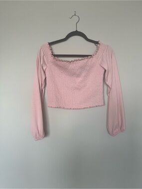 Pink Long Sleeve Smocked Off-the-shoulder Top